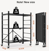 Himix Storage Shelves with 6 Hooks, 3 Tier Foldable Shelf with Wheels, Metal Storage Shelving Unit Rolling Cart, Utility Shelf Rack Organization Himix