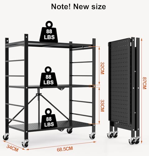 Himix Storage Shelves with 6 Hooks, 3 Tier Foldable Shelf with Wheels, Metal Storage Shelving Unit Rolling Cart, Utility Shelf Rack Organization - WoodArtSupply