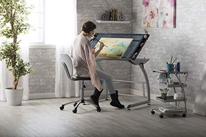 SD STUDIO DESIGNS Triflex Drawing Table, Sit to Stand Up Adjustable Office Home Computer Desk, 35.25" W X 23.5" D, Silver/Blue Glass - WoodArtSupply