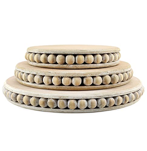 AuldHome Farmhouse Beaded Pedestal Tiered Stands (3-Piece Set, Unfinished); Rustic Wood Beaded Tray Stack AuldHome Design