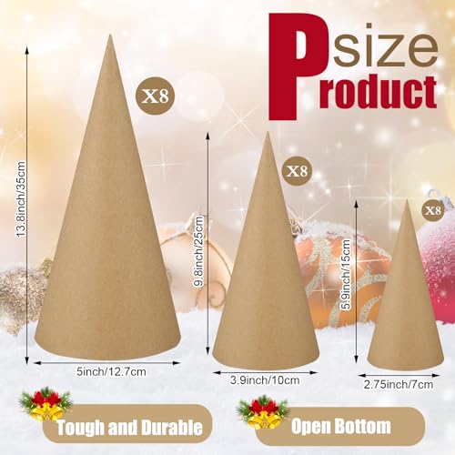 Ceenna 24 Pcs Paper Mache Cones Open Bottom Set Cardboard Craft Cones Large Medium Small for Christmas DIY Art Projects, Crafts and Decorations 13.8 - WoodArtSupply