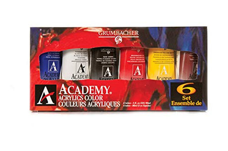 GRUMBACHER Academy Acrylic Paint, Gloss, 90ml/3 oz Metal Tube, 6-Color Mixing Set (C1026) Grumbacher