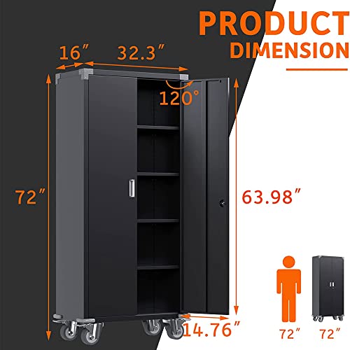 Aobabo Metal Garage Storage Cabinet with Wheels,72In High Lockable Steel Storage Cabinet for Garage Home Office Storage, Black Required-Assembly Aobabo