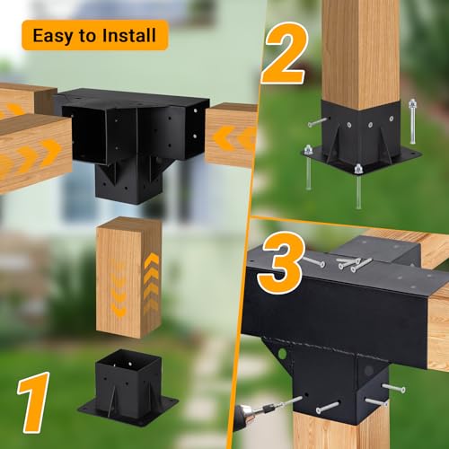 Neorexon Pergola Bracket Kit Elevated Wood Stand Kit Woodwork for 4"x 4" (Actual 3.6 X 3.6 inch), Solid Steel Wooden Gazebo Kit for Outdoor 4 Way - WoodArtSupply