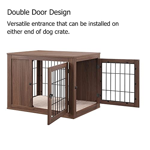 unipaws Furniture Style Dog Crate End Table with Cushion, Wooden Wire Pet Kennels with Double Doors, Medium Dog House Indoor Use (Walnut, Medium) unipaws