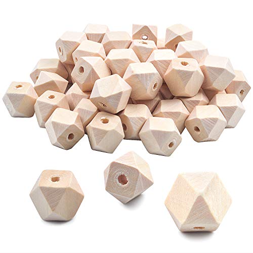 Jdesun 60 Pieces Geometric Shape Wood Beads, 0.55 Inches Unfinished Wooden Spacer Beads Craft Balls for DIY Arts Projects Jewelry Making Jdesun
