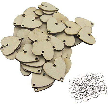 LASSUM 50 Pcs Heart Shape Unfinished Wood Cutouts with 2 Holes and 50 Pcs Metal Rings for DIY Arts Crafts Ornaments,Weddings Decoration,Birthday LASSUM