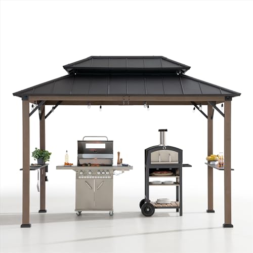 Sunjoy Wooden Grill Gazebo, 8 x 12 ft. Steel Hardtop Outdoor Gazebo for Year-Round Grilling, 2 Full Size Grills, Griddles or Smokers - Cook Station,