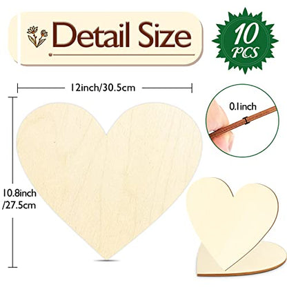 Wooden Hearts for Crafts, 10 Pack 12 Inch Blank Heart Cutout Unfinished Wood Hearts Slices Valentine's Heart Shaped Ornaments Door Hanger Decor for