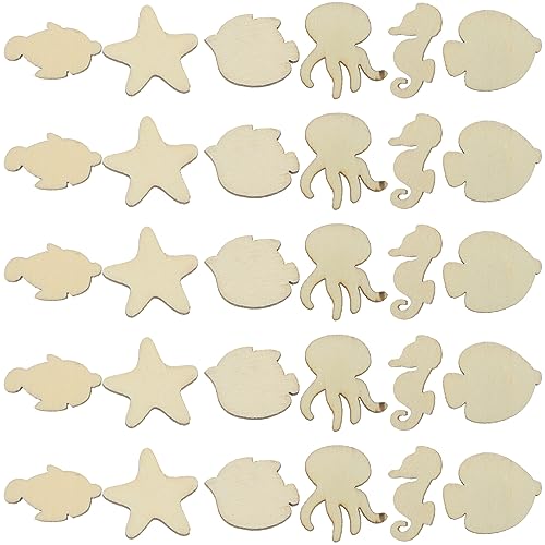 Ocean Decor Unfinished Sea Creatures Wood Cutouts 100pcs Blank Wooden Ocean Animals Sea Animal Life Cutouts Chips Shapes Model for Home Decor Abaodam