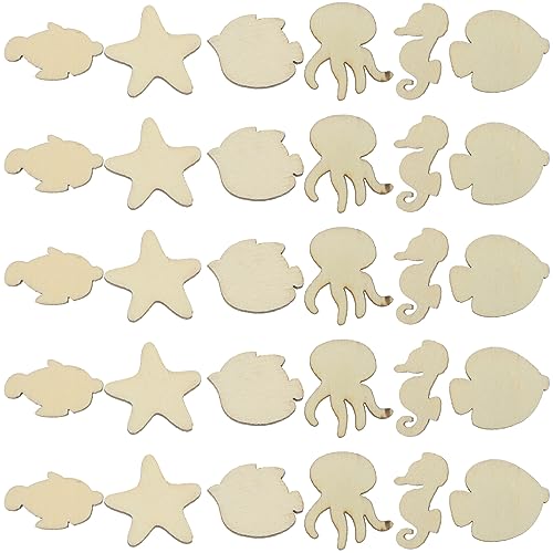 Ocean Decor Unfinished Sea Creatures Wood Cutouts 100pcs Blank Wooden Ocean Animals Sea Animal Life Cutouts Chips Shapes Model for Home Decor - WoodArtSupply