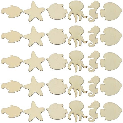 Ocean Decor Unfinished Sea Creatures Wood Cutouts 100pcs Blank Wooden Ocean Animals Sea Animal Life Cutouts Chips Shapes Model for Home Decor - WoodArtSupply