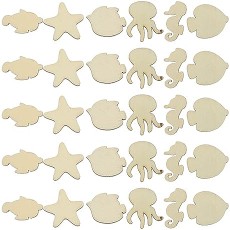 Ocean Decor Unfinished Sea Creatures Wood Cutouts 100pcs Blank Wooden Ocean Animals Sea Animal Life Cutouts Chips Shapes Model for Home Decor Abaodam
