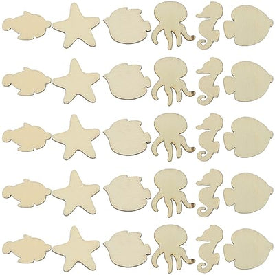Ocean Decor Unfinished Sea Creatures Wood Cutouts 100pcs Blank Wooden Ocean Animals Sea Animal Life Cutouts Chips Shapes Model for Home Decor