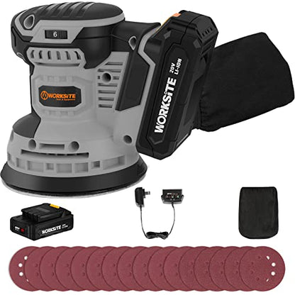 WORKSITE 20V MAX Cordless Random Orbital Sander, 5-Inch Variable Speed Orbital Hand Sander w/2.0A Battery, Charger,Dust Collector and 30pcs Sanding