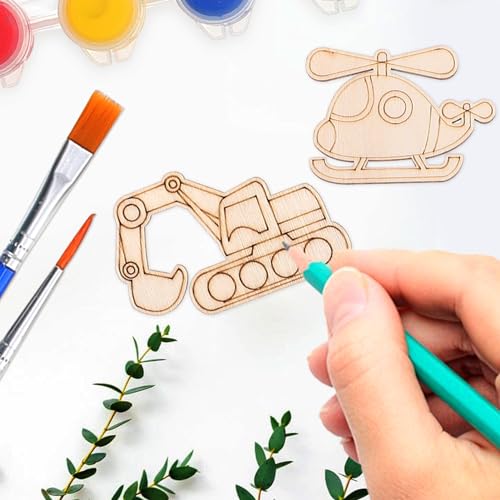 SEWACC 50pcs Truck Unfinished Wood Slices Unpainted Cutout DIY Blank Car Vehicle Bicycle Excavator Helicopter Wooden Ornaments Cutout to Paint (Mixed SEWACC