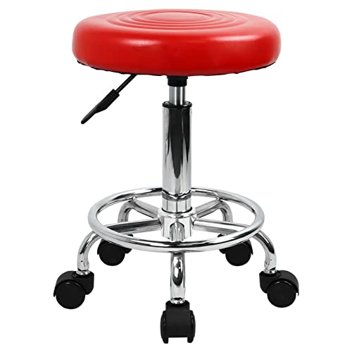 KKTONER PU Leather Modern Round Rolling Stool with Footrest Height Adjustable Spa Drafting Salon Tattoo Work Massage Stools Task Chair Small (Red) - WoodArtSupply