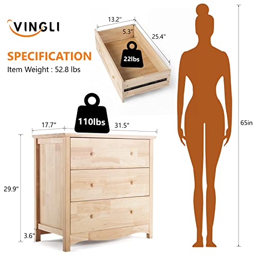 VINGLI Upgraged Unfinished 3 Drawer Dresser for Bedroom Natural Solid Wood Dresser Color DIY, Farmhouse Dresser with Spacious Storage Chests of