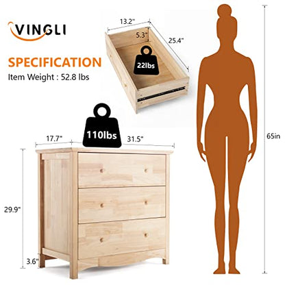 VINGLI Upgraged Unfinished 3 Drawer Dresser for Bedroom Natural Solid Wood Dresser Color DIY, Farmhouse Dresser with Spacious Storage Chests of