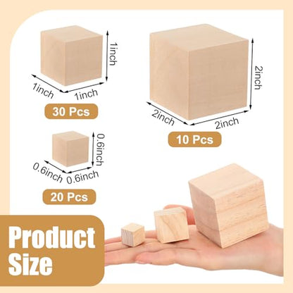 Poen 60 Pcs Wooden Blocks 0.6 Inch 1 Inch 2 Inch Unfinished Wooden Cubes Square Assorted Sizes Carving Natural Wood Blocks for Crafting for Arts
