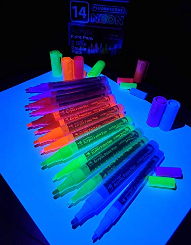 14 Pack Neon UV Fluorescent Acrylic Paint Pens, Double Pack of Both Extra Fine and Medium Tip Paint Markers, for Rock Painting, Mug, Ceramic, Glass, ArtShip Design