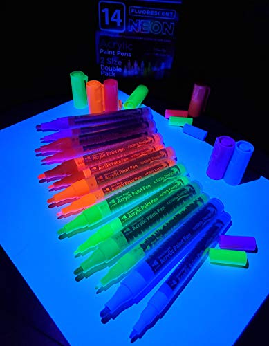 14 Pack Neon UV Fluorescent Acrylic Paint Pens, Double Pack of Both Extra Fine and Medium Tip Paint Markers, for Rock Painting, Mug, Ceramic, Glass, - WoodArtSupply