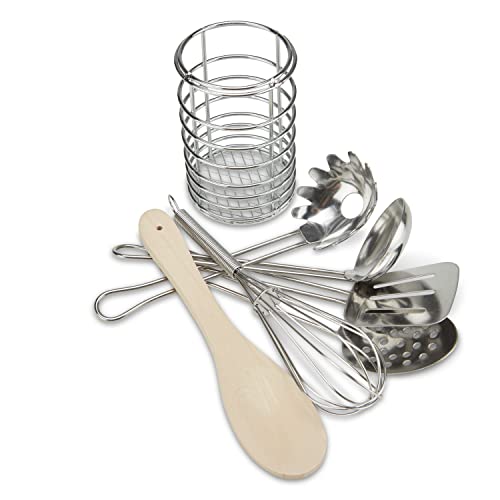 Melissa & Doug Stir and Serve Cooking Utensils (7 pcs) - Stainless Steel and Wood - WoodArtSupply