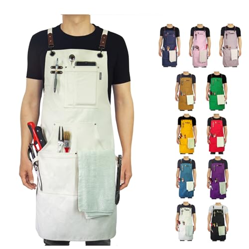 Stenffy Handmade Work Apron, Cotton Canvas, Multiple Pockets, Adjustable Cross Back Weight Apron, BBQ Cafe Kitchen Painting Carpenter Artist Apron, Stenffy