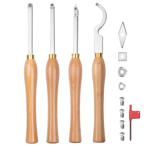 Carbide Woodturning Tool,4Pcs Carbide Tipped Wood Turning Tools Set,Solid Wood Handle and Carbide Inserts Perfect For Woodturning or Small to
