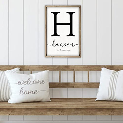 Framed Wooden Family Name Sign Personalized Wood Monogram Choose from Four Sizes (12" x 18", Weathered Grey Frame, White Background) - WoodArtSupply