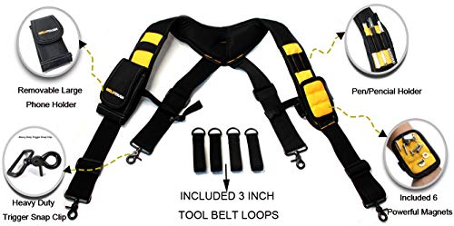 MELOTOUGH Magnetic Suspenders Tool Belt Suspenders with Large Moveable Phone Holder, Pencil Holder, Adjustable Size Padded Suspenders (Yellow) - WoodArtSupply