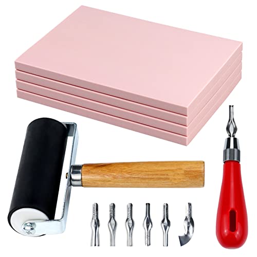 Oopsu 4 Pack Rubber Block Stamp Carving Blocks with Cutter Tools and Rubber Brayer Roller for Printmaking and More Crafts