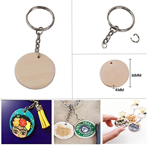 50Pcs Round Wood Circles with Keychain,Blank Round-Shaped Wooden Keychain Set with 50Pcs Wood Blanks,50 Pcs Keychain Rings with Chain,50Pcs Open Jump