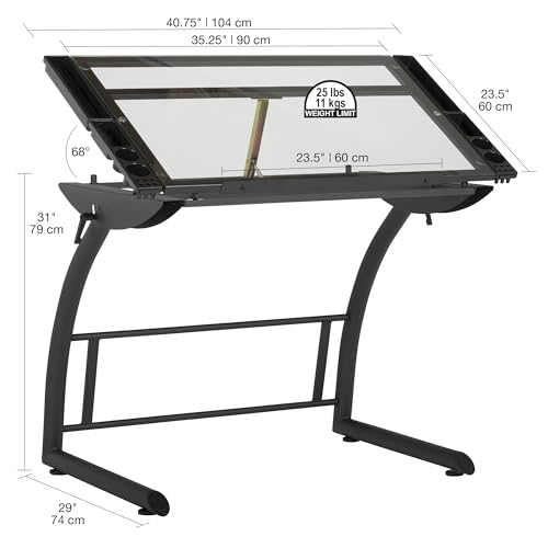 SD STUDIO DESIGNS Triflex Drawing Table, Sit to Stand Up Adjustable Office Home Computer Desk, 35.25" W X 23.5" D, Charcoal Black/Clear Glass SD STUDIO DESIGNS