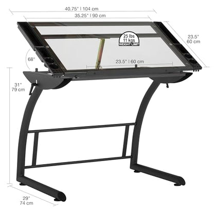 SD STUDIO DESIGNS Triflex Drawing Table, Sit to Stand Up Adjustable Office Home Computer Desk, 35.25" W X 23.5" D, Charcoal Black/Clear Glass