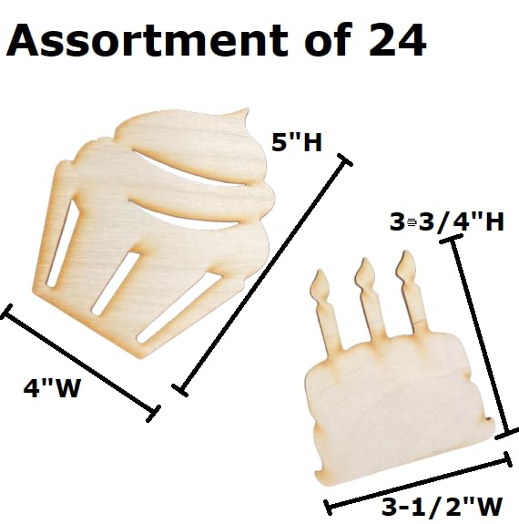 Pack of 24 Unfinished Wood Birthday Cake and Cupcake Cutouts by Factory Direct Craft - Blank Wooden DIY Cake Shapes for Scouts, Camps, Vacation Bible Factory Direct Craft