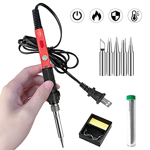 Soldering Kit, 60W Soldering Iron, 110V Welding Kit with Ceramic Heater, Portable Solder Iron Kit with 5pcs Soldering Tips, Stand, Solder Tube, - WoodArtSupply