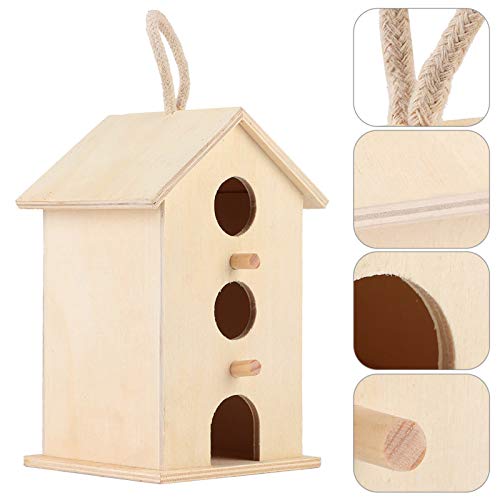 Wooden Bird House Unfinished Unpainted Hanging Cords Birdhouse for Finches and Songbirds Outdoor Decoration DIY Kids Educational 1pcs