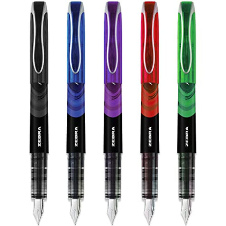 Zebra Fuente - Disposable Fountain Pen - Black, Blue, Red, Green, & Violet Ink - Pack of 5 Zebra Pen
