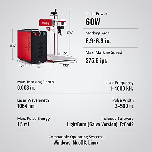 OMTech 60W MOPA Fiber Laser Marking Machine with LightBurn and Rotary Axis, Galvo Laser Engraver with 7"x7" Work Area for Color Marking, JPT Laser