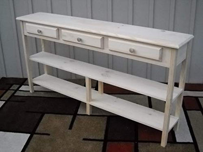 Unfinished 60" Sofa Console, 58"W x 11"D x 30"H Beveled Edge Pine Table w/Shelves (2) and 3 drawers - WoodArtSupply