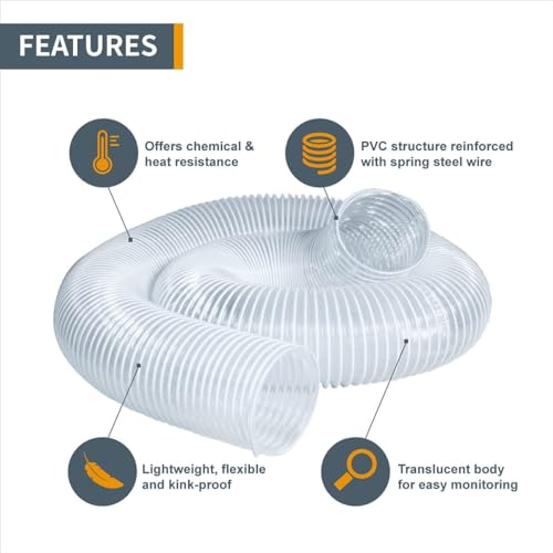 POWERTEC 70386 4" x 20' PVC Dust Collection Hose Flexible Clear with 4" Hose to 2-1/2" Hose Cone Reducer for Woodworking and Shop Vacuum, Dust POWERTEC