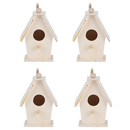 4Pcs Wooden Birdhouse Kits, Hanging Bird House Decorative Small Wood Birds Nest Cage Unfinished Paintable Nesting Box Innovative Birdcage Crafting
