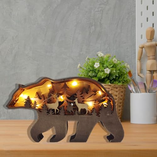 MIYOLO Light Up Bear Art Decor Wooden Brown Bear Figurine with LED Home Shelf Desk Decorations Rustic Multi-Layer Bear Crafts - WoodArtSupply