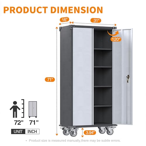 Waqiv 71" Metal Storage Cabinet with Wheels,Garage Storage Cabinet with Locking Doors and 4 Shelves,Lockable Rolling Tool Cabinet for Home Waqiv