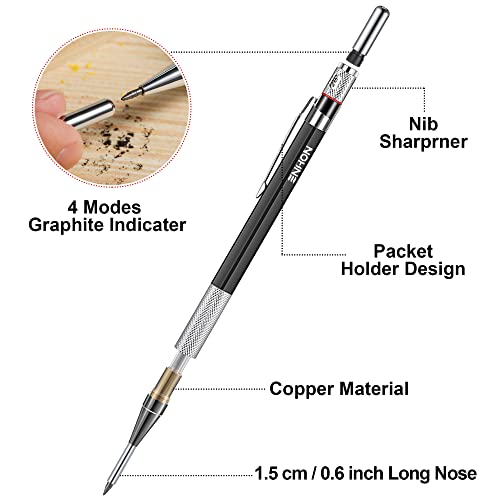 Enhon 2 MM Carpenter Pencils Set with 12 Marker Refills and Sharpener, Mechanical Carpenter Pencil Woodworking Marking Tool Solid Deep Hole - WoodArtSupply