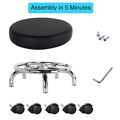 WKWKER Modern Roller Seat PU Leather Low Round Rolling Stool 360° Swivel Small Stool with Universal Caster Wheels Foot Stool for Home Office Garage WKWKER