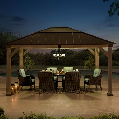 Sunjoy Hardtop Gazebo 13 x 15 ft. Upgrade Cedar Framed Wood Gazebo, Outdoor Patio Gazebo with Black Steel and Polycarbonate Hip Roof and Ceiling - WoodArtSupply