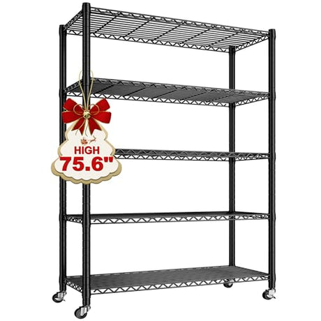 REIBII Storage Shelves with Wheels, Wire Shelving Unit with Wheels, 75.6"H Heavy Duty Shelving, Metal Shelves for Storage, Pantry Shelves for REIBII