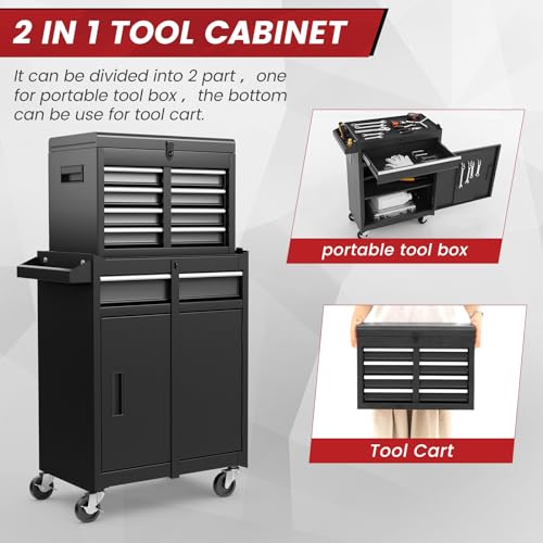 ERGOMASTER Rolling Tool Chest - Heavy Duty Material & Lockable Top-Box & Storage Cabinet for Garage and Workshop - 5-Drawer Tool Box & Black ERGOMASTER